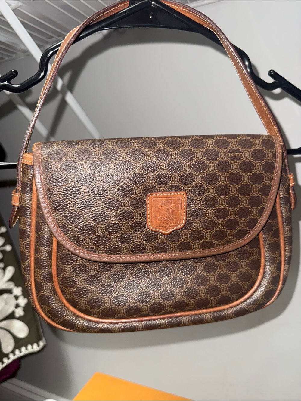 Brown Celine Monogram Shoulder Bag with Tan Trim
